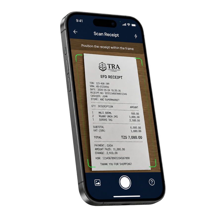Phone screen showing the KodiGuard receipt scanner reading an EFD receipt