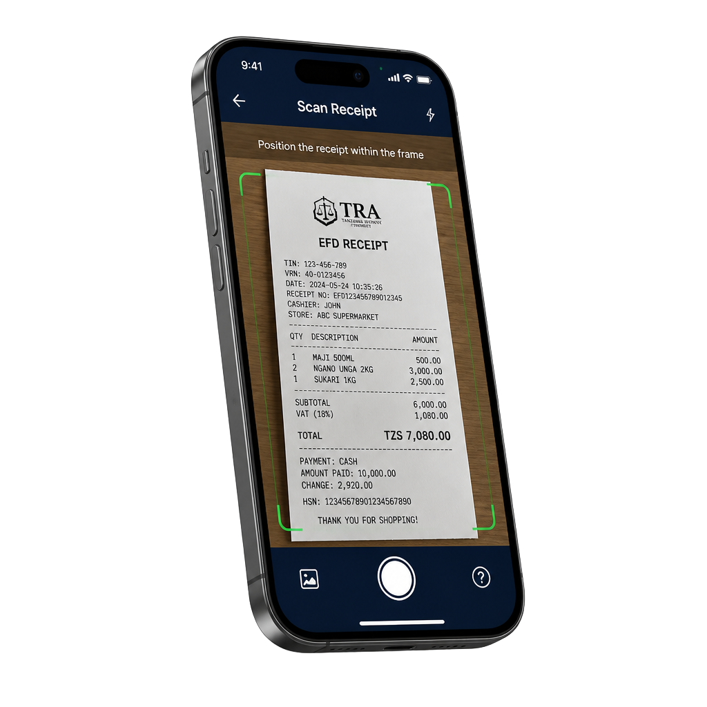 Phone screen showing the Tax Guardian Tanzania receipt scanner reading an EFD receipt